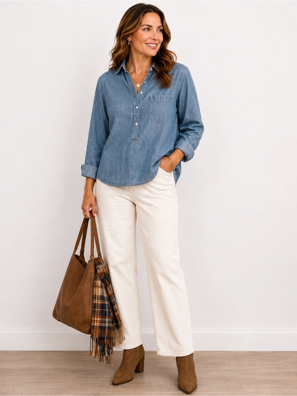 Gap Chambray Popover Shirt Women’s Medium 100% Cotton Blue Long Sleeve Pocket To